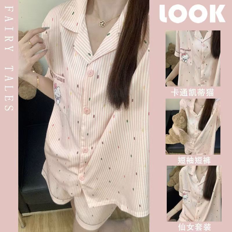 

Summer vermicelli pattern Hello Kitty girl pajamas summer can wear short-sleeved shorts two-piece loungewear S