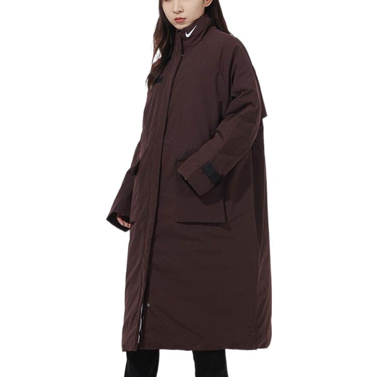 Nike Solid Color Logo Print Pocket Zipper Mid-Length Cotton Coat Women coats Brown DD4651-203