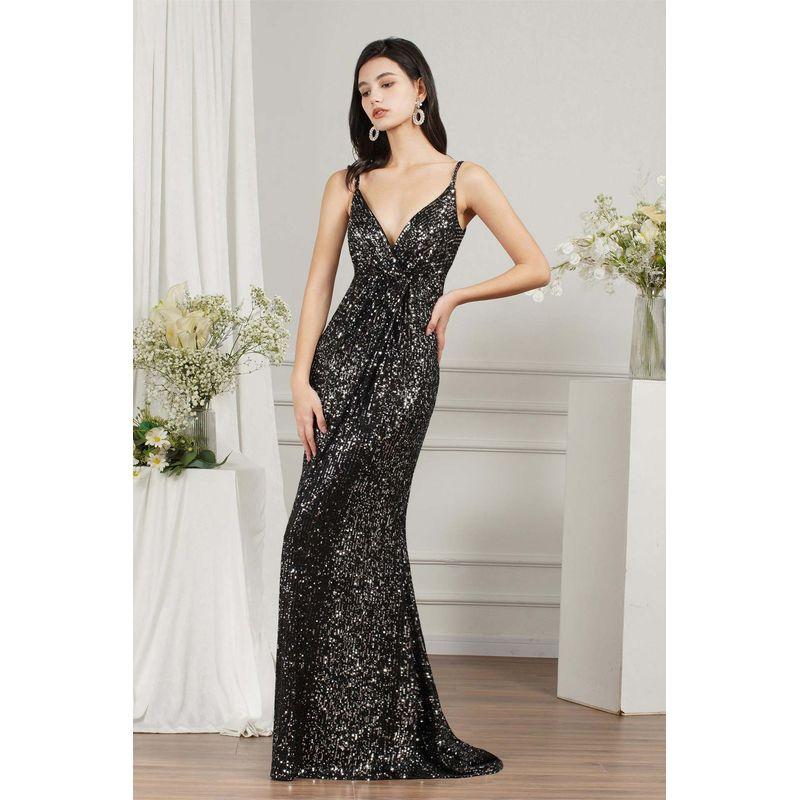 

Banquet Sequins Evening Dressv Collar Slim fit Long Banquet Evening dress Sequins Long dress Black S