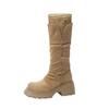 Niche Design Round Head Pleated Heightening Thick-soled Boots Temperament Versatile Maillard Thin Thick Heel Knight Boots Women