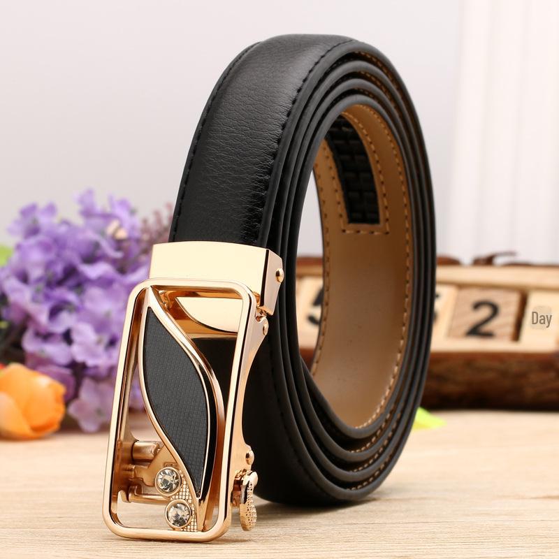 Women's Casual Double-Sided Lychee Pattern Leather Belt with Automatic Buckle