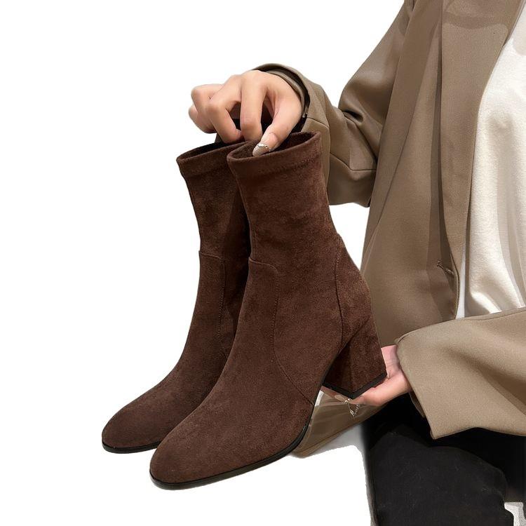 Korean girl~ Round head thick heel elastic suede thin boots commuting versatile high heel small ankle boots black short boots women