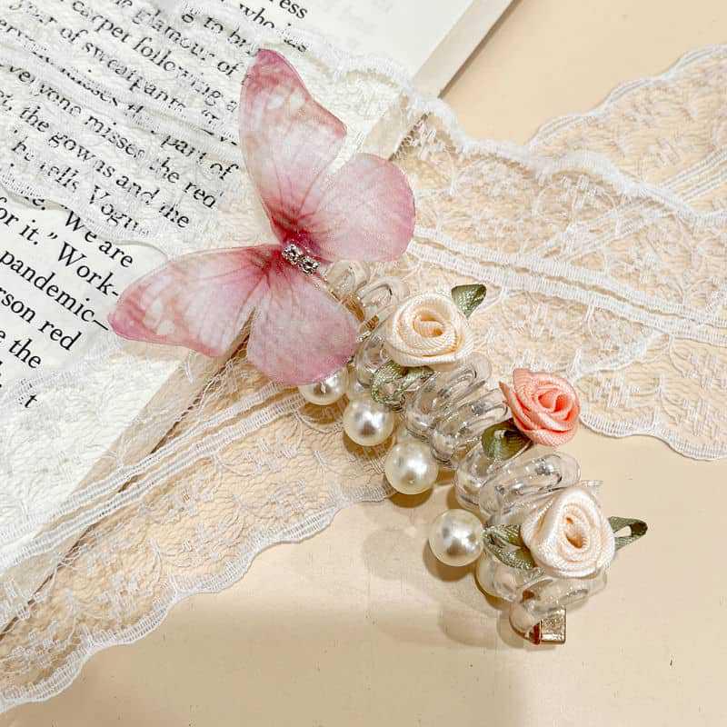 

Butterfly Pearl Telephone Cord Hair Tie - High-End 2024 Baby Bubble Braid Rubber Band Hair Accessory.