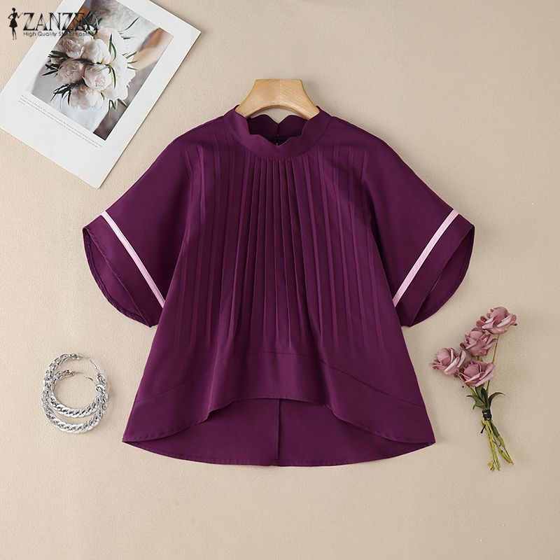 ZANZEA Women Casual Stand Collar Loose Short Sleeve Blouse