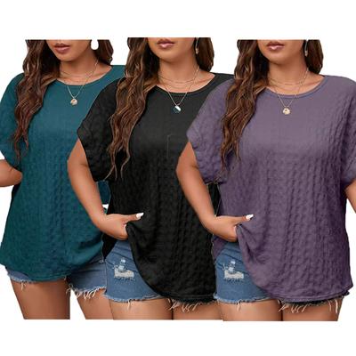 (XL~5XL) Casual Loose Solid Short Sleeve for Women Summer Crew Neck Grid Fold Bat Short Sleeve Breathable Lightweight Soft Comfy Work Plus Tops