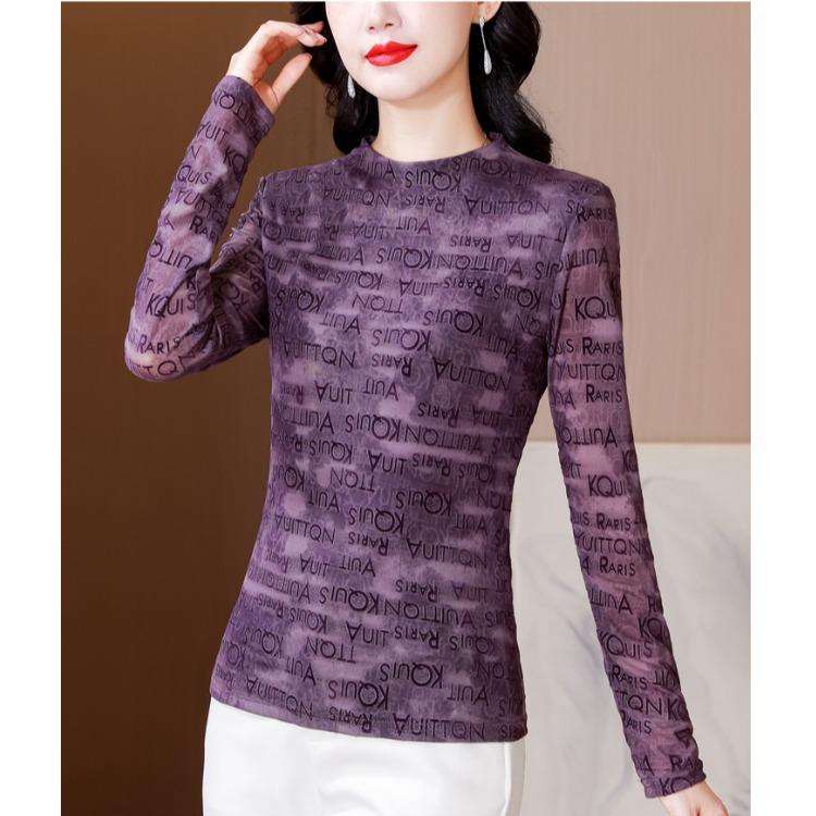 Flocked Printed Elastic Long-sleeved Mesh Base Shirt for Women In Autumn New Style Slim Fit T-shirt Top