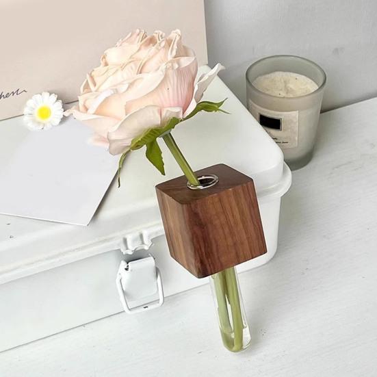 Wooden Refrigerator Magnet with Test Tube Mini Vase Flowers Plants Holder Fridge Magnet Home Office Kitchen Locker
