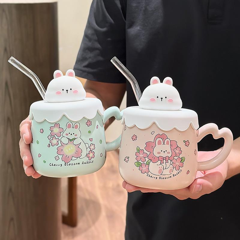 Cute Bunny Straw Mug With Lid Tea Cup Beer Mugs Coffee Cups Original Breakfast Cups Drinkware Personalized Gift Christmas Funny
