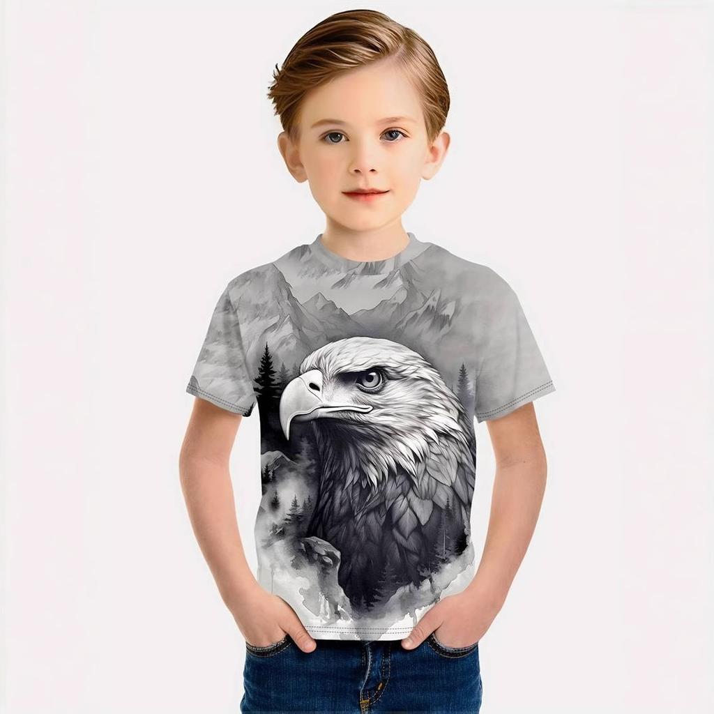 Kinder T-Shirts Sommer Rundhals 3D Adler Muster Bedrucktes Oberteil Modische und lässige Kurzarm T-Shirts für Kinder und Jungen
