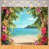 Sfondo a Tema Spiaggia Tropicale Albero di Palma Fiore di Ibisco Sfondo Fotografico Festa Luau Estiva