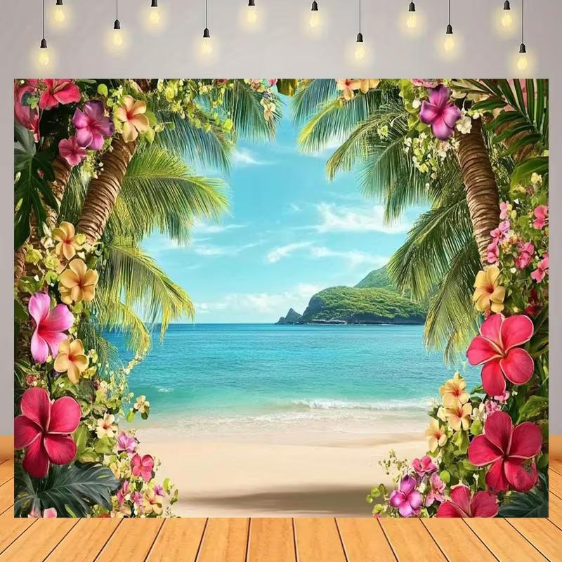 Sfondo a Tema Spiaggia Tropicale Albero di Palma Fiore di Ibisco Sfondo Fotografico Festa Luau Estiva