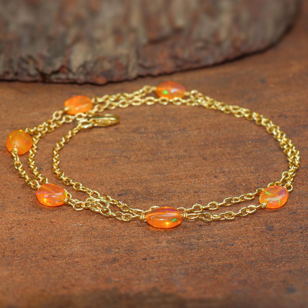Fire Orange Opal Tumble Beads Chain Necklace, Ethiopian Fire Opal Chain Necklace, Opal Delicate Jewelry for Women, Birthstone Gift for Her