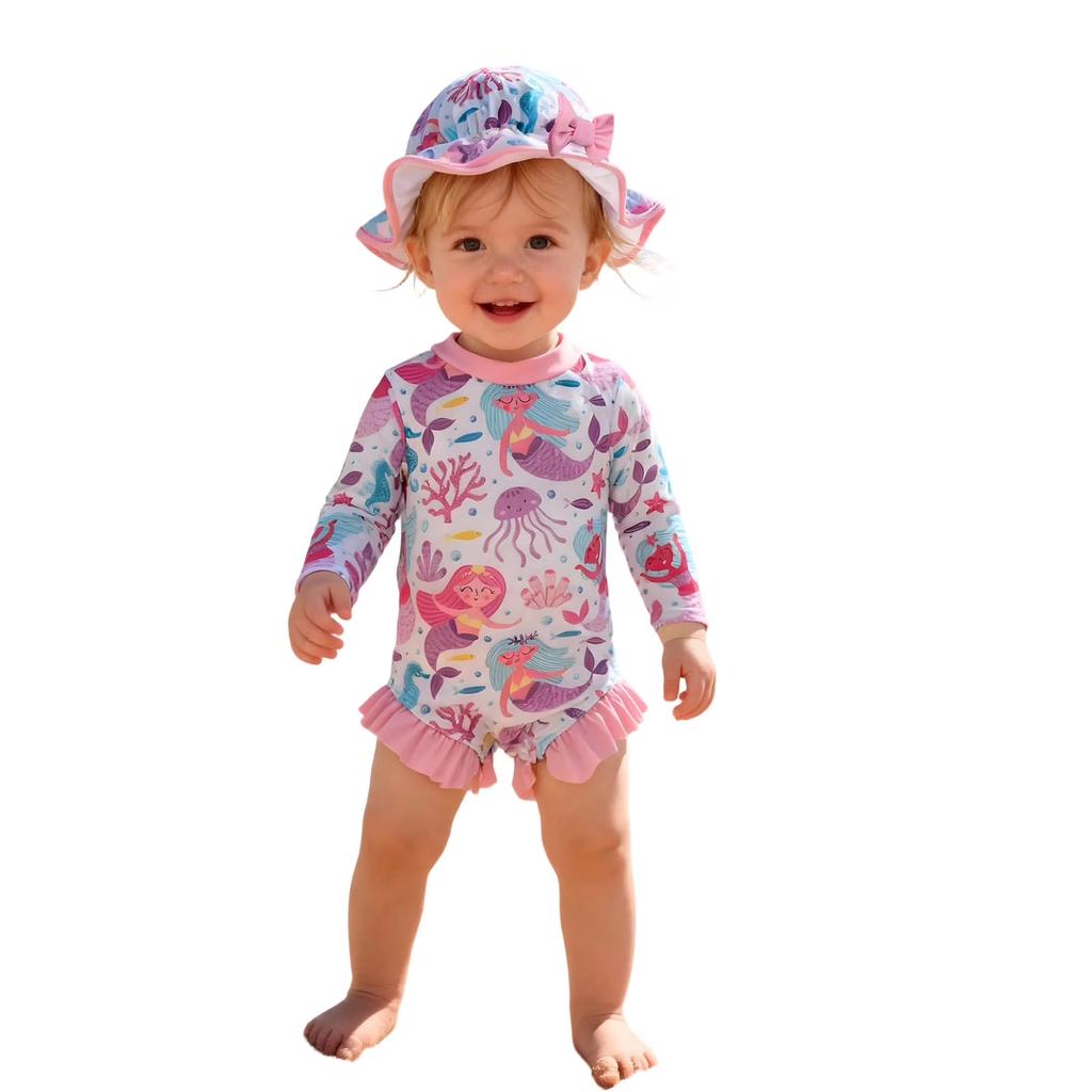 Infant Long Sleeve Snap Button One Piece Swimsuit with Matching Sun Hat Floral Print Baby Swimwear Set UV Protection