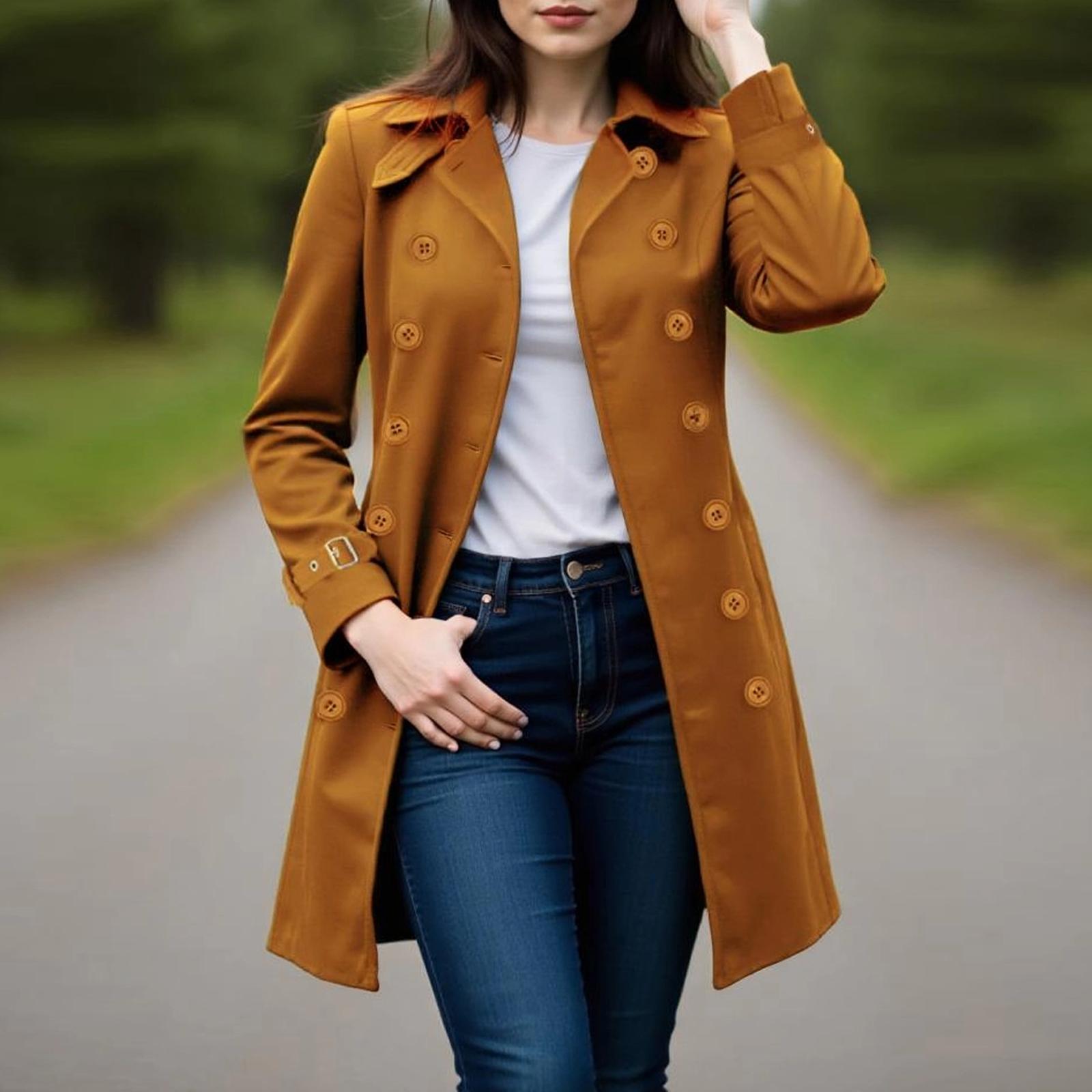 

Жіноче пальто двобортне довге елегантне вітрозахисне пальто верхній одяг осінь зима M верблюд