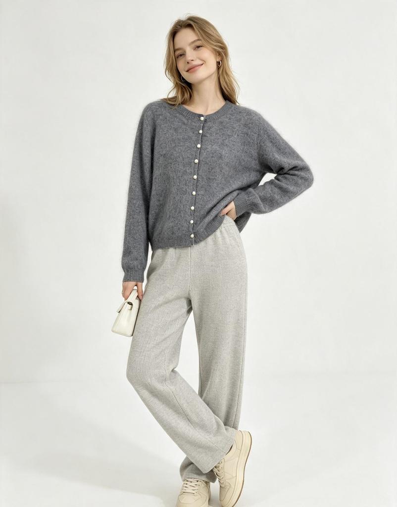 Women's Round Neck Pearl Button Wool Cashmere Knit Cardigan JM8305