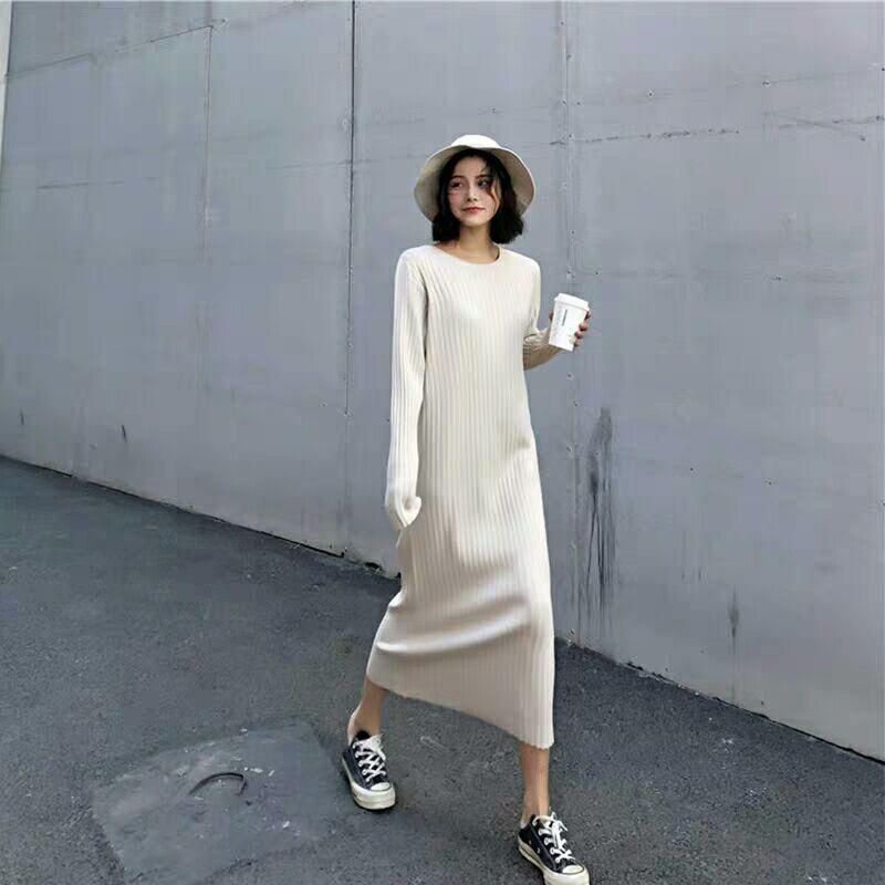

Autumn New Temperament Muse Fan Long Sweater Skirt Over Knee Bottom Crew Neck Knitted Dress Winter XL абрикосовый