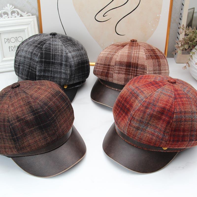 New British plaid octagonal hat children's autumn and winter versatile leather brim shows the face small retro painter hat fashion newsboy hat