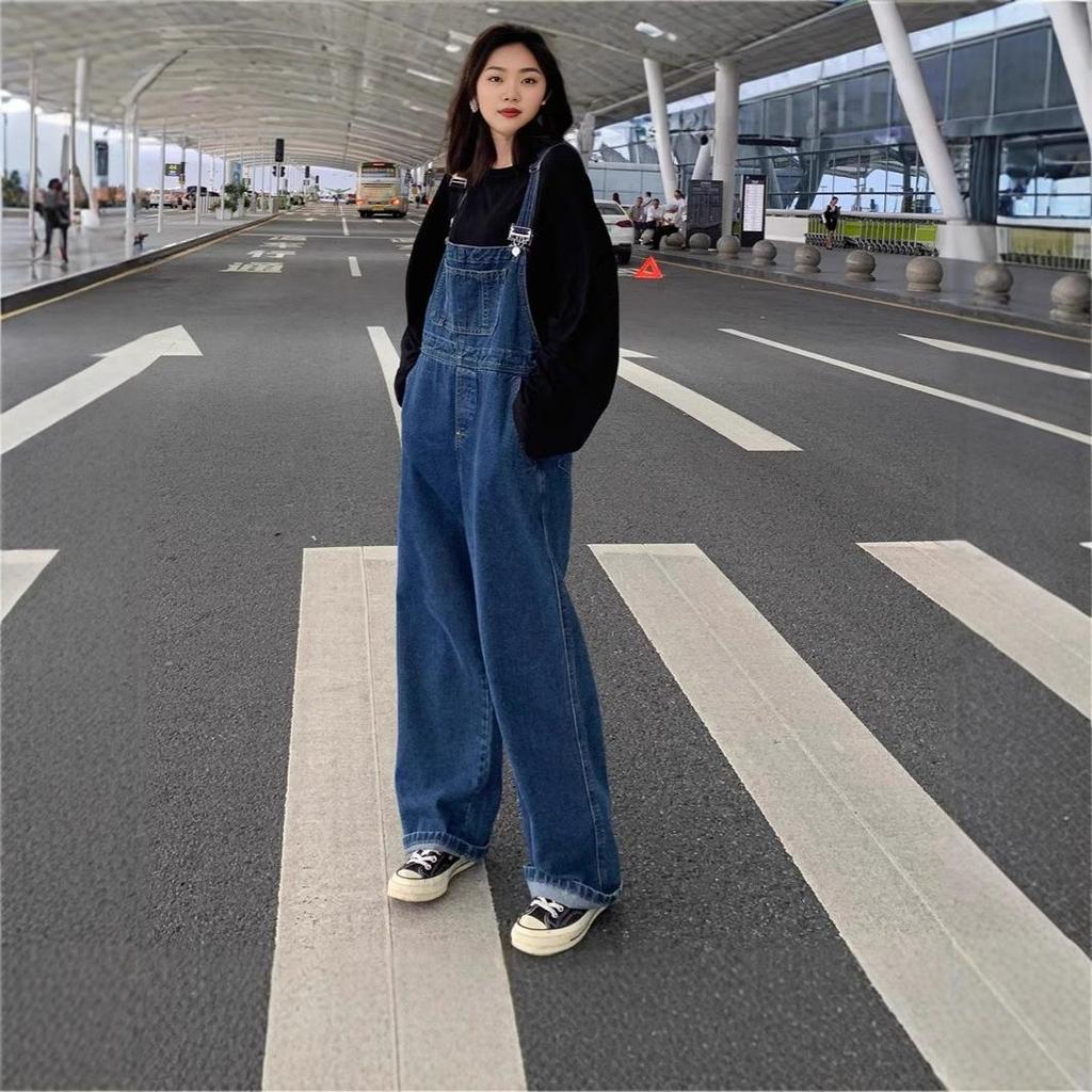 Women's Retro Denim Wide-Leg Overalls – High Waist, Floor Length, Korean Style Jumpsuit for Spring/Autumn