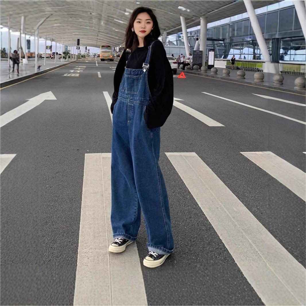 

Women s Retro Denim Wide-Leg Overalls – High Waist, Floor Length, Korean Style Jumpsuit for Spring/Autumn XL темно-синий