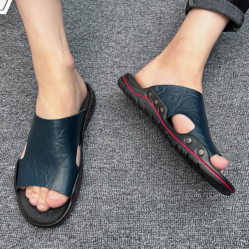 

2025 лето новые кожаные шлепанцы на одной подошве мужские дышащие и без запаха трендовые универсальные сандалии мужские большого размера 48 синий