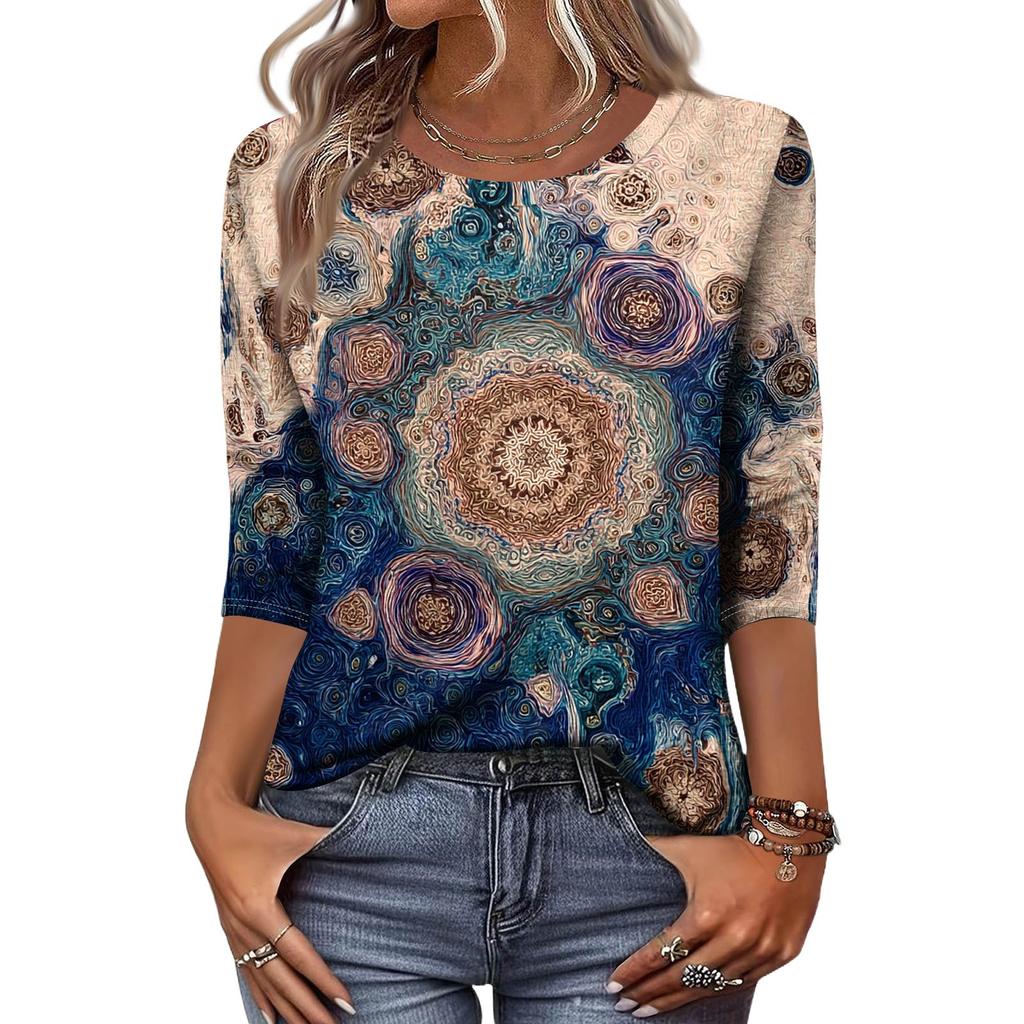 Trendy Vintage 3/4 Sleeve Top For Women,Ladies Casual Three Quarter Sleeve Round Collar Printed T-Shirt Blouse