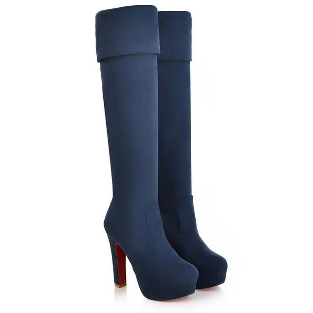 Women High Heels Slip On Over the Knee Sexy Long Boots Female Platform Ankle Patchwork Flock Two Ways Wear Plus Size 35 синий 5290₽