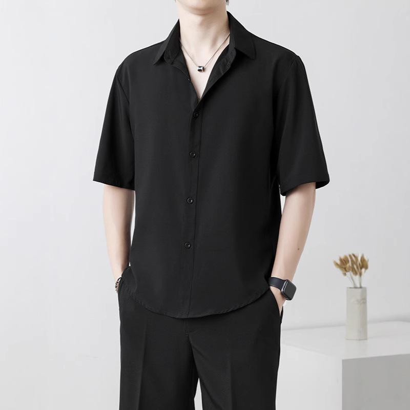 

Men Solid Color Loose Short Sleeve Button Down Shirt Casual Breathable Office Summer Top S чёрный