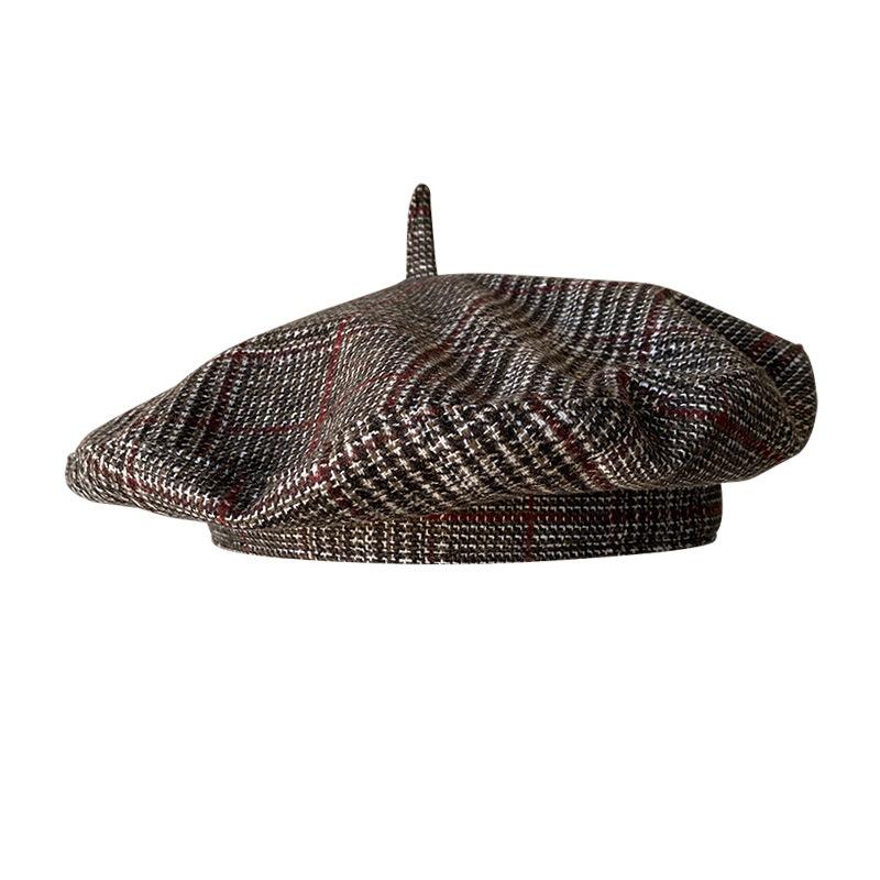 Women's Wool Blend Beret Hat Asian & British Style Vintage Check Pattern Versatile Painter Cap (UFO Hat Design)