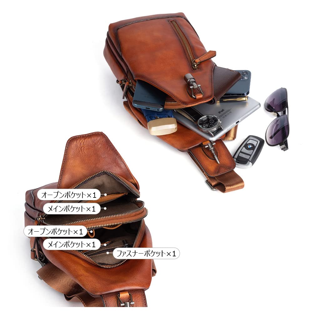 Whatna Antique-Style Tanned Natural Cowhide Leather Crossbody BagOne-Shoulder Bag for Men, Reversible Left or Right Strap, Genuine Leather, Thick,