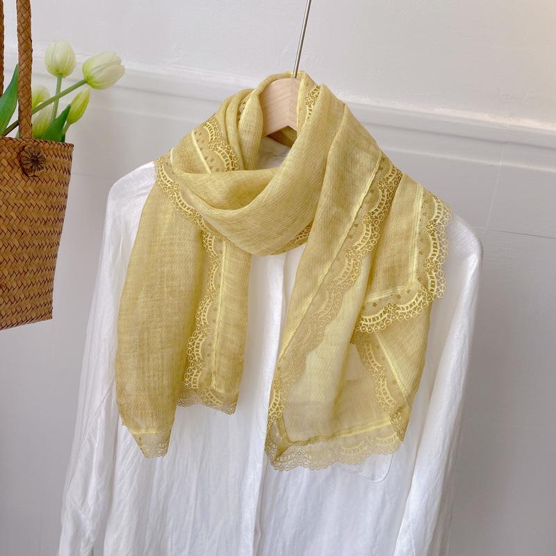 Retro Tie-dye Lace Edge Cotton and Linen Scarf Women's Spring Autumn Versatile Summer Thin Sunscreen Small Shawl with Short Yarn