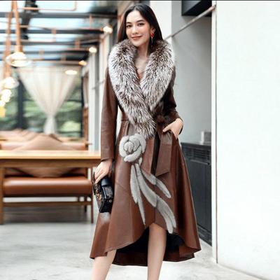 Autumn New Leather Women Long Knee Length Korean Fur Trench Coat Trend S