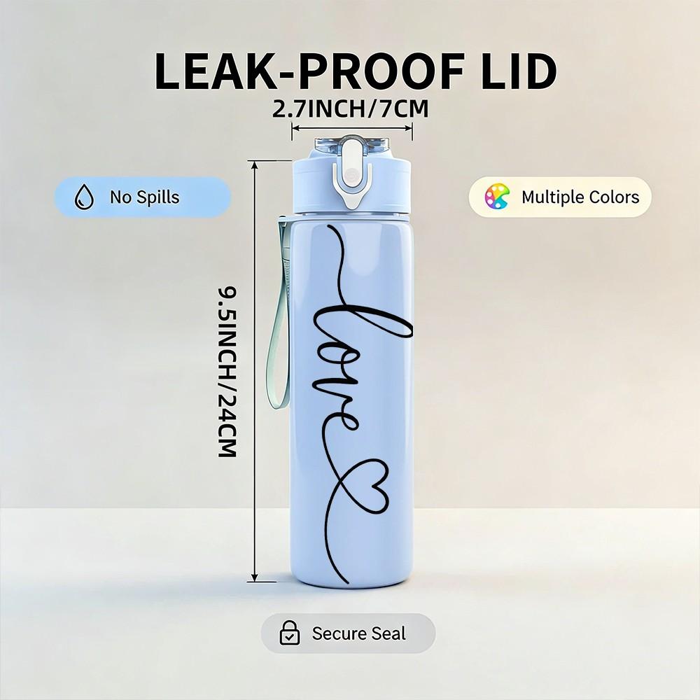 1PC Love Cursive Minimal Line Art 750ml Color Plastic Sports Water Bottle Leakproof Flip Straw Lid Suitable for Sports Office Home Use