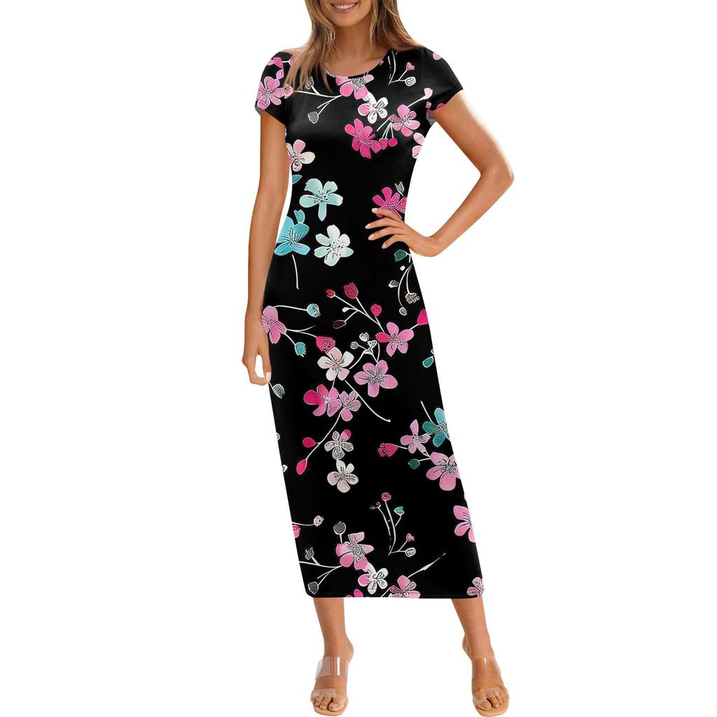 Damenmode Lässiger Druck Rundhals Kurzarm Langes Kleid