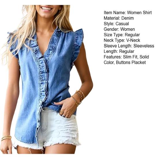Dámská džínová košile s volánky, výstřih do V, bez rukávů, knoflíková léga, topy košile, jednobarevná, ležérní letní košile