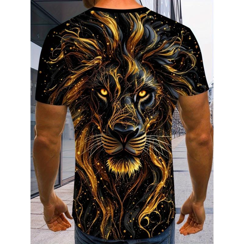Men's Plus Size 3D Lion Pattern T-Shirt - Bold Black & Golden Animal Printed Short Sleeve Crew Neck Shirt,
