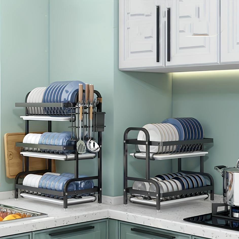 1 Set Premium Carbon Steel 3-Tier Dish Rack with Drainboard - Large Capacity Kitchen Organizer for Dishes, Utensils, Cutlery & Chopping Board Storage