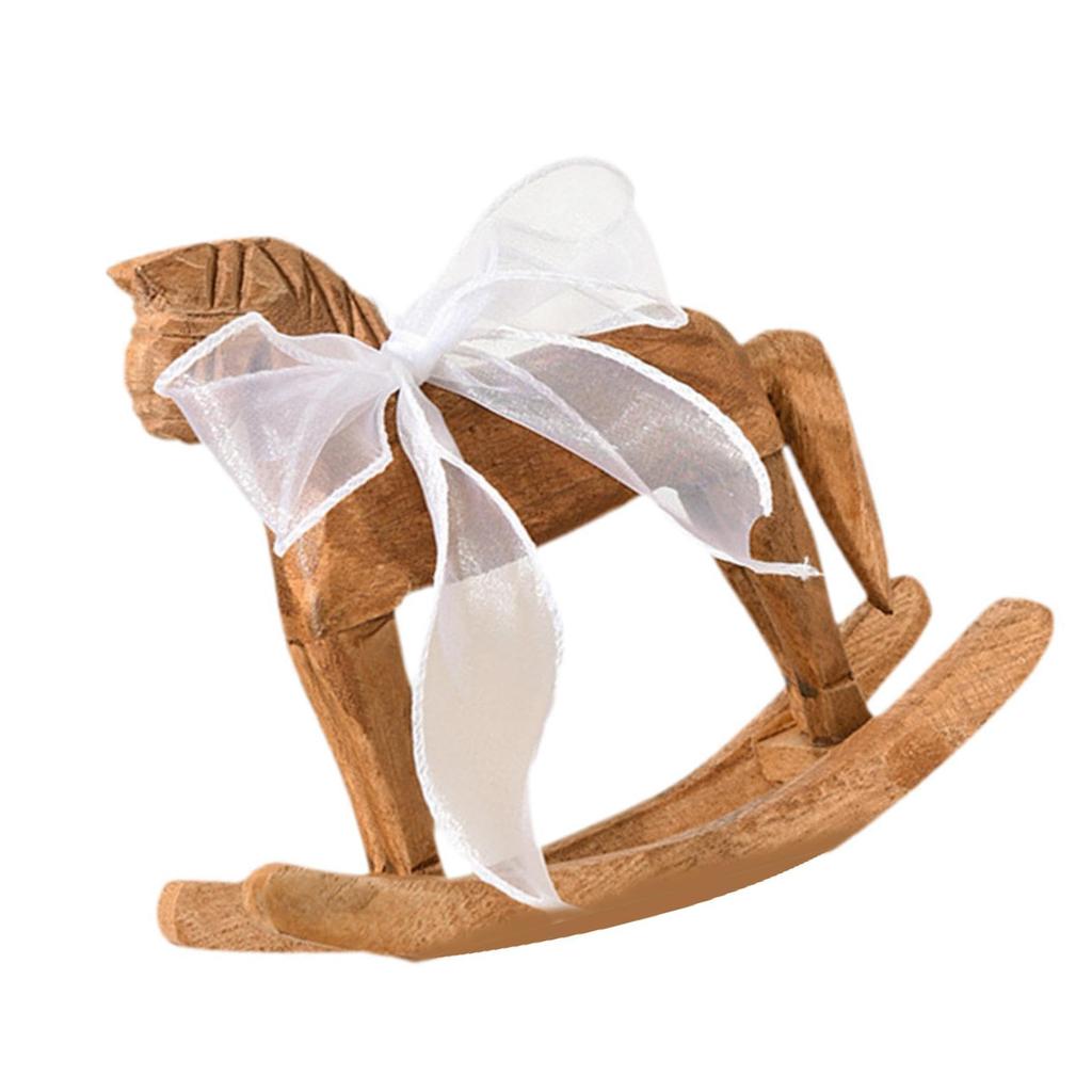 Wooden Rocking Horse Figurine with White Ribbon Decoration for Shelves and Tabletop Collectible Ornament Holiday Gift