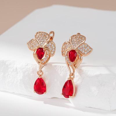Full Zircon Flower Shape Design Red Zircon Pendant Earrings for Women Gold Color Luxury Jewelry Accessories
