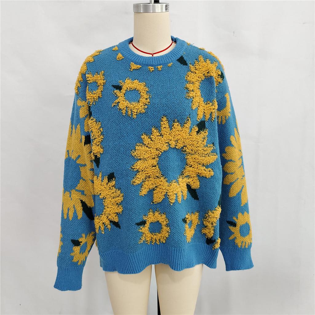 Autumn and winter new top sunflower jacquard round neck long sleeved knitted pullover sweater for women 3589