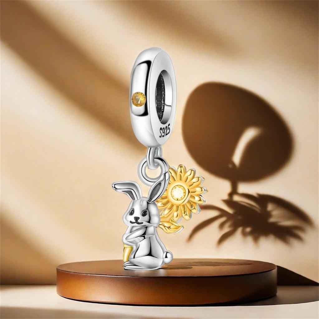 Copper Rabbit Holding Sunflower Pendant Bracelet Charms Fit Bangle For Women Jewelry Party Beads Gift Diy Accessory
