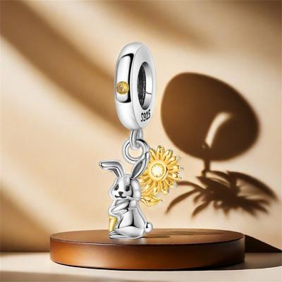 Copper Rabbit Holding Sunflower Pendant Bracelet Charms Fit Bangle For Women Jewelry Party Beads Gift Diy Accessory
