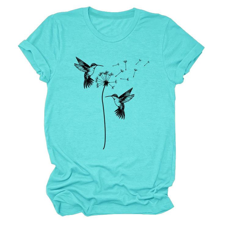 Sommer Rundhals Zwei Vogelmuster Druck Top Modische Lässige Kurzarm Damen T-Shirts