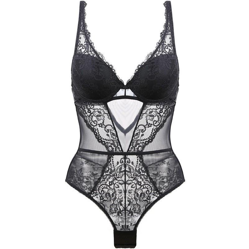 

Сексуальный кружевной утягивающий боди с бюстгальтером и сетчатыми трусиками 34/75 AB чёрный