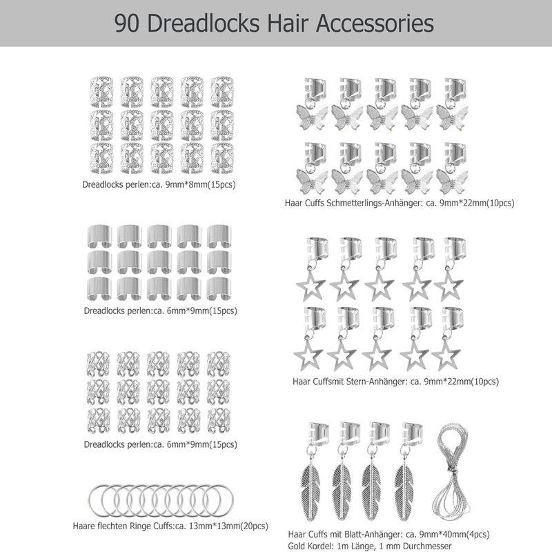 

European and American Fashion Simple Metal Hollow Pattern Hair Buckle Wig Headwear Dreadlock Decoration Braided Hair Accessories DIY Accessories Silver 90 Bags (Adjustable Opening)
