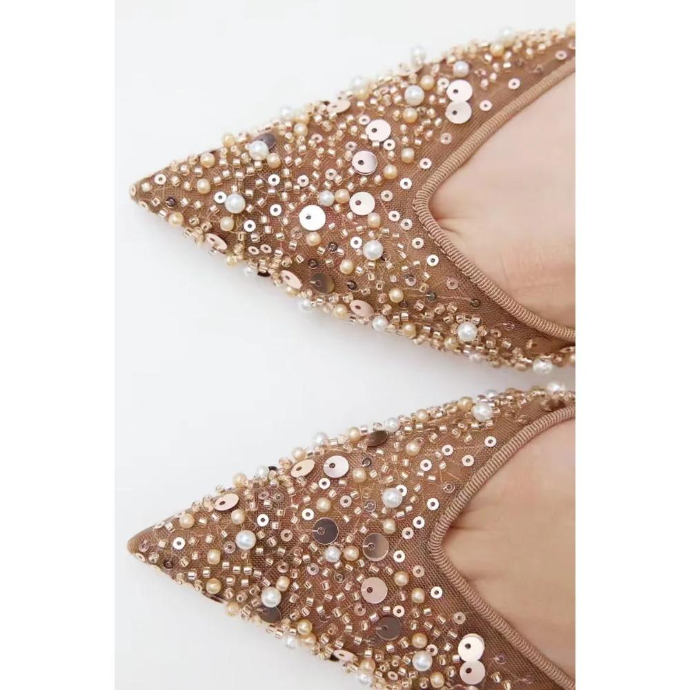 Luxury Bling String Bead Mesh High Heels Women Sexy Pointy Toe Breathable Heeled Sandals Elegant Slingbacks Women Pumps