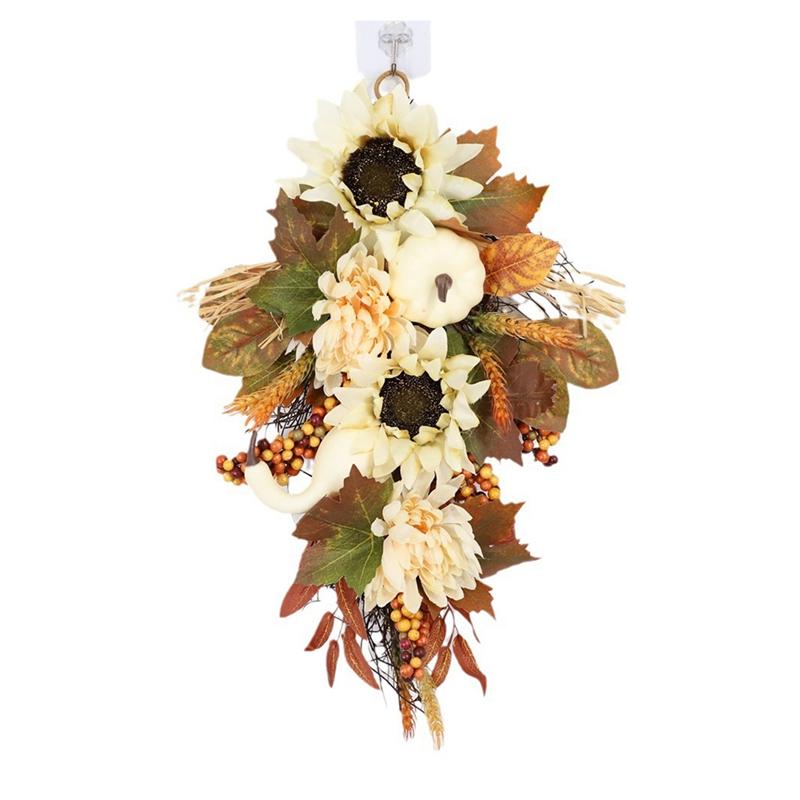 

M-Modern-Artificial Pumpkins Wreaths White Pumpkin Maple Leaf With Leaves Flower Fall Door Garland Thanksgiving Theme