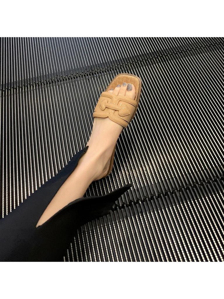 Rindsleder-Version~ Neue gewebte Pantoletten mit dickem Absatz, Sommer-Damenmode-Strandschuhe, Halbschlappen Französische Abendsandalen