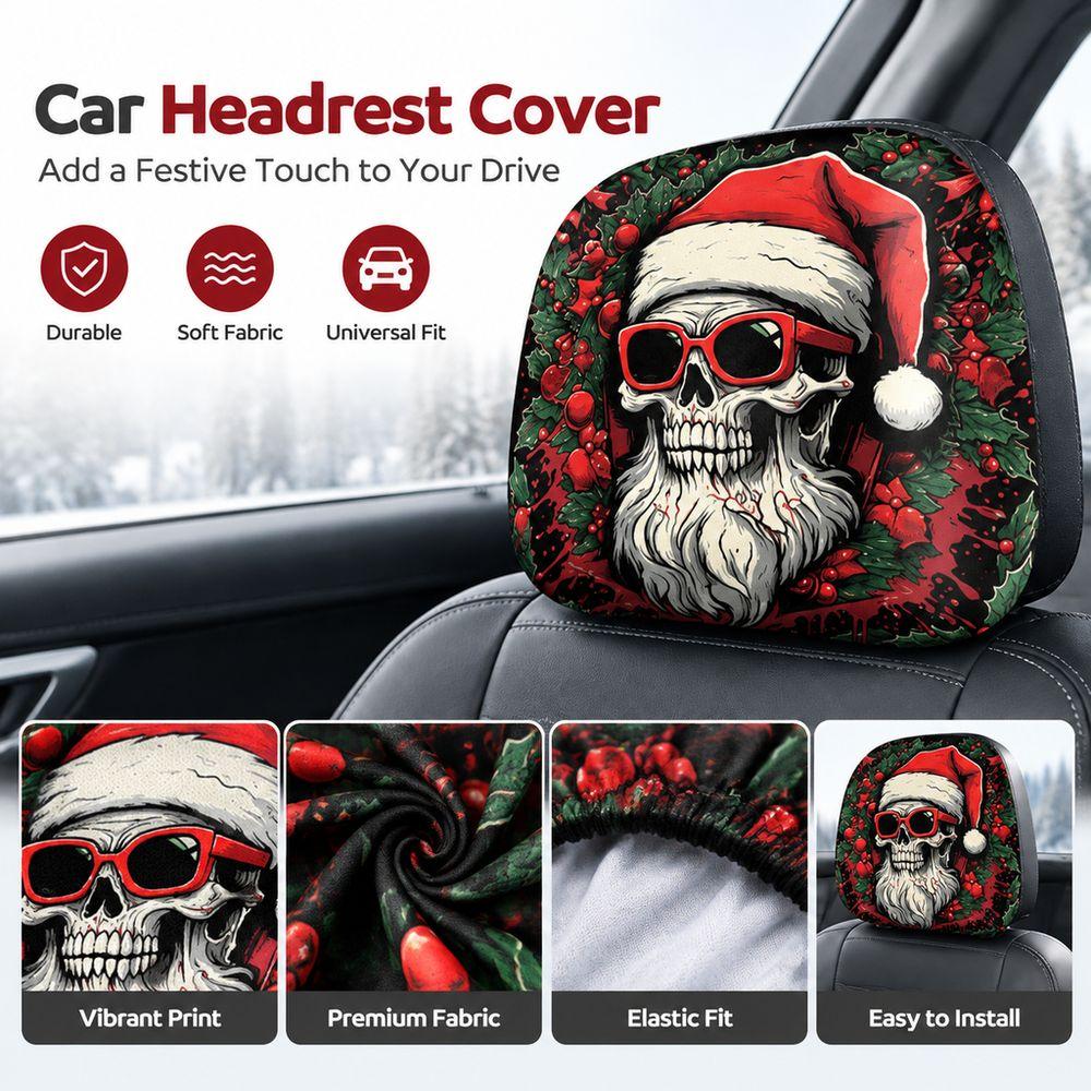 2PCS Santa Claus Print Car Seat Headrest Cover Auto Headrest Cover Set Car Interior Decoration