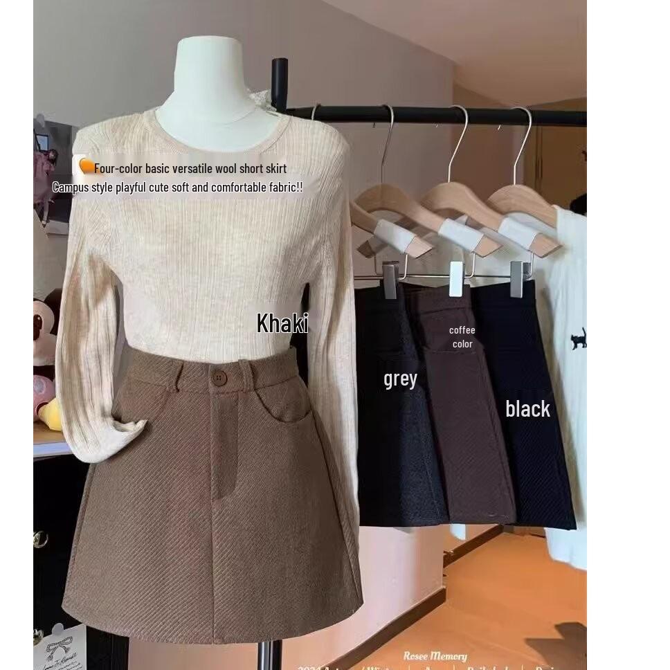 

High-Waist Woolen A-Line Skirt: Anti-Light, Slimming, Versatile, Women s Autumn/Winter Commuting Skirt S кавовий