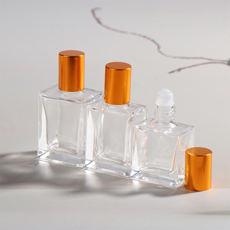 8/10/15Ml Empty Clear Square Glass Essential Oil Bottle Steel Roller Gold Lid Massage Perfume Roll On Sample Vials